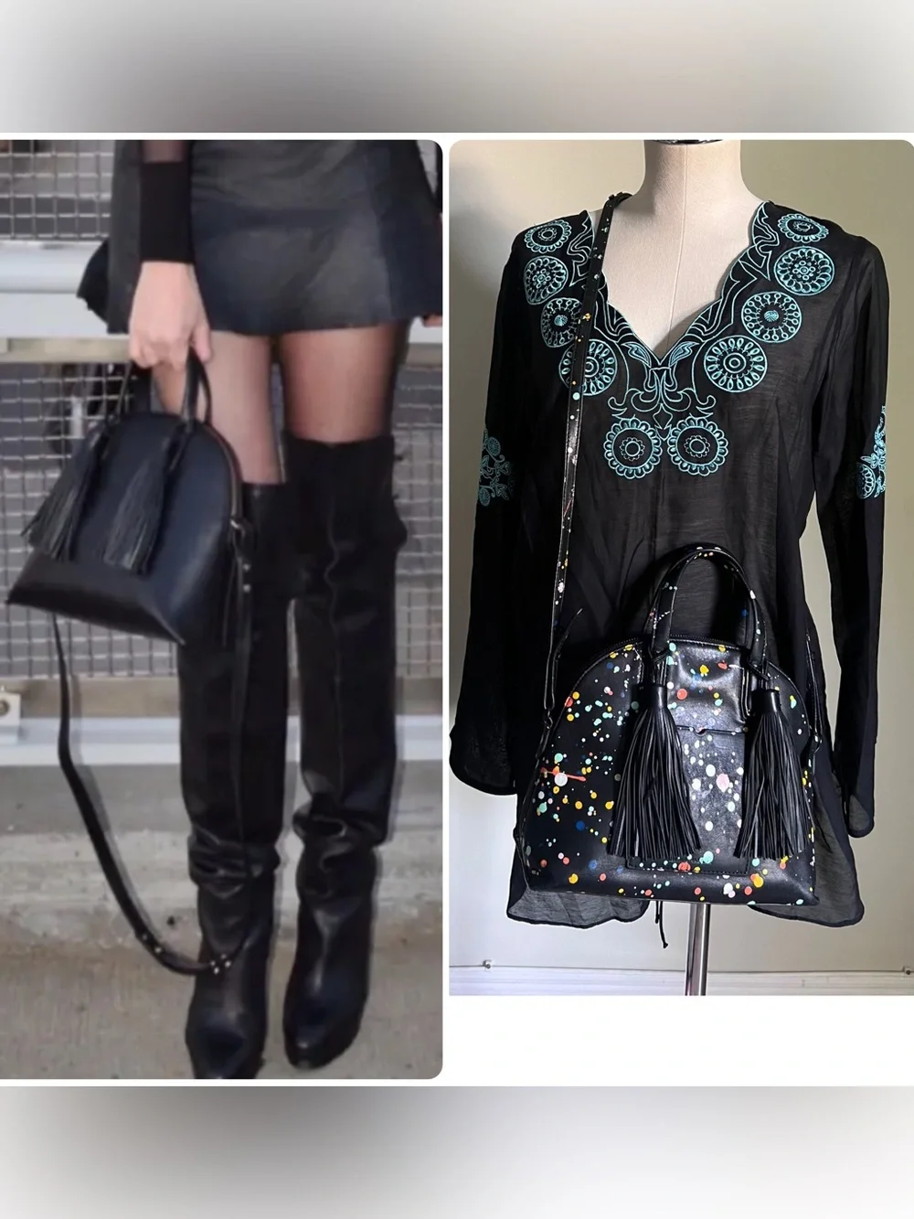 Loeffler Randall Dome Splatter Paint Leather Satchel Black With Tassels Chic
